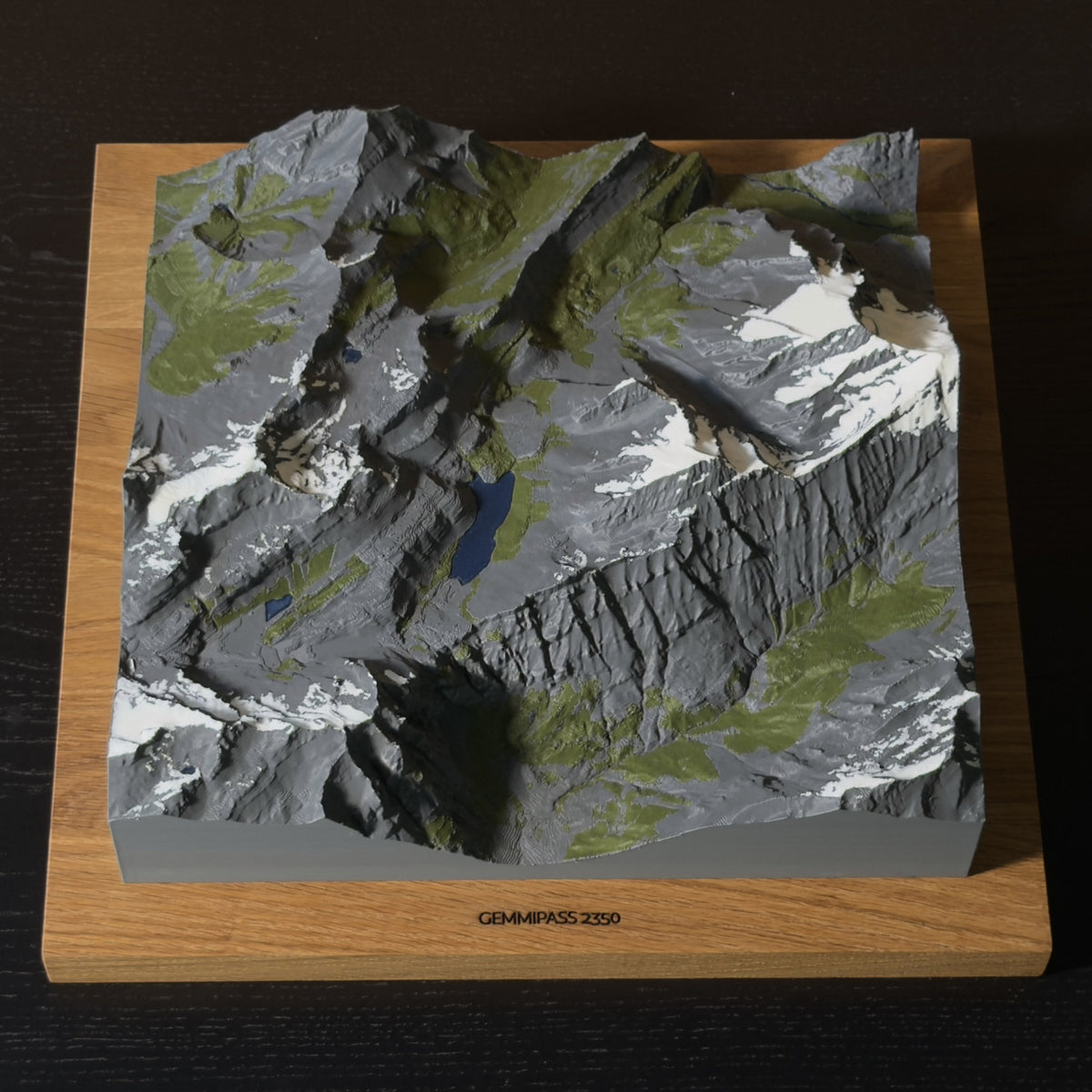 Relief Natural in Sommer-Colorierung: Fels in Dunkelgrau, Wald in Dunkelgrün, Bergsee in Blau, auf Eichensockel