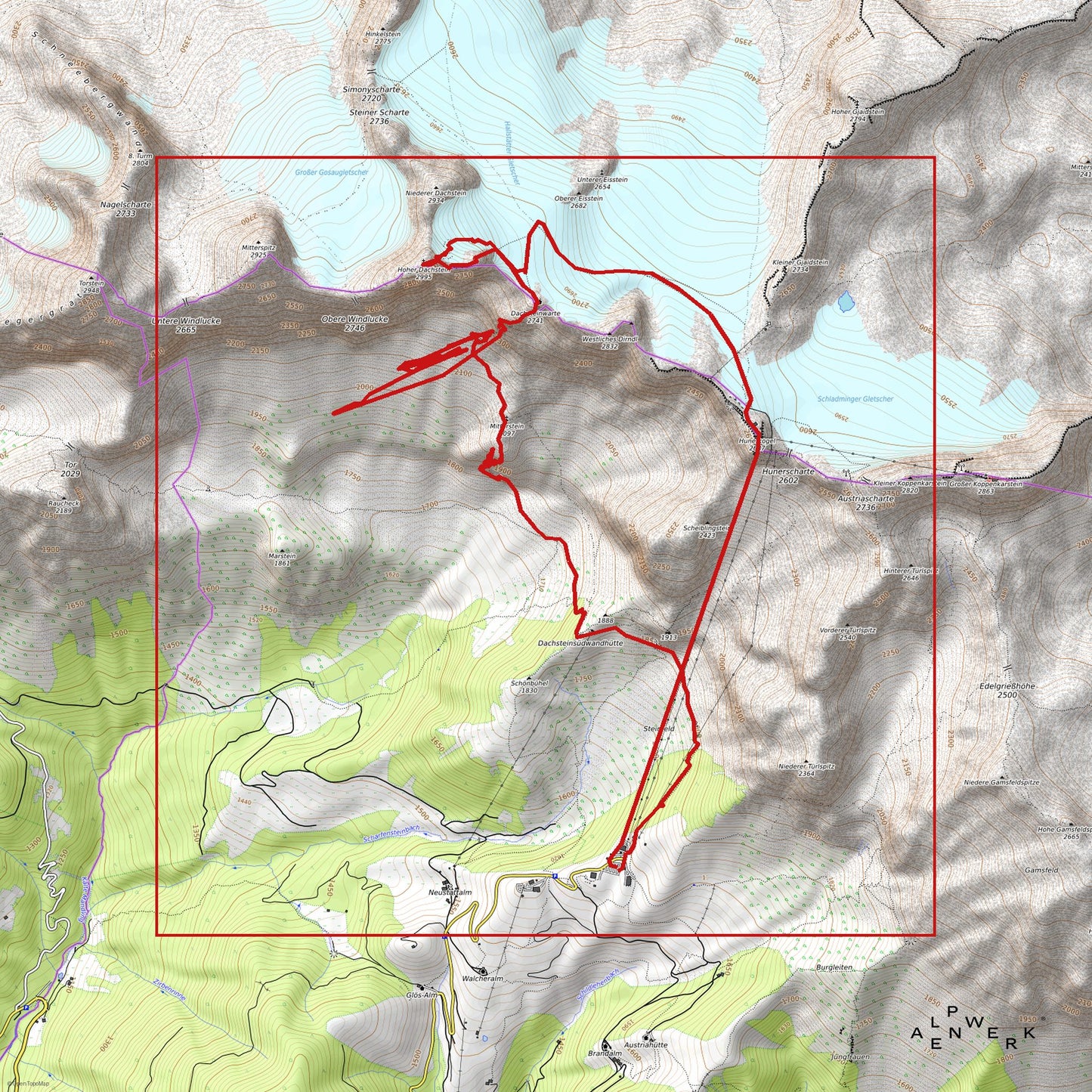 Bergrelief Track | Hoher Dachstein – Normalweg ueber den Gletscher