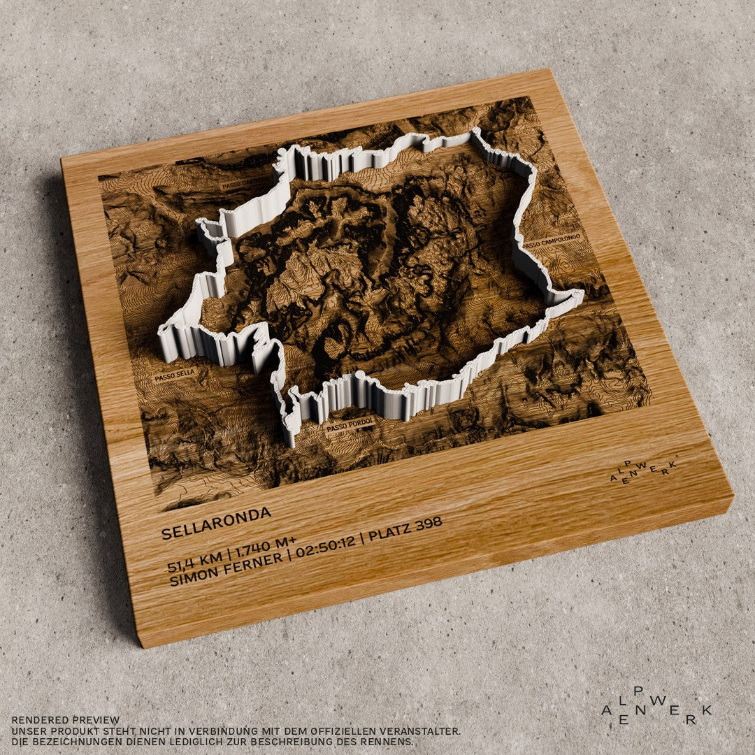 TrailMap Sellaronda 30 x 30 cm: lasergravierte Höhenlinien auf Eiche, 3D-gedruckter Track über Grödner Joch, Sellajoch, Pordoijoch und Campolongopass