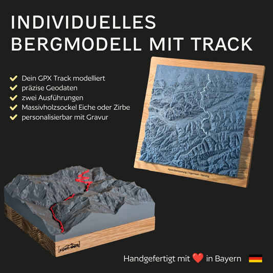 Individuelles 3D-Bergmodell mit GPX-Track auf Massivholzsockel, Lasergravur mittig